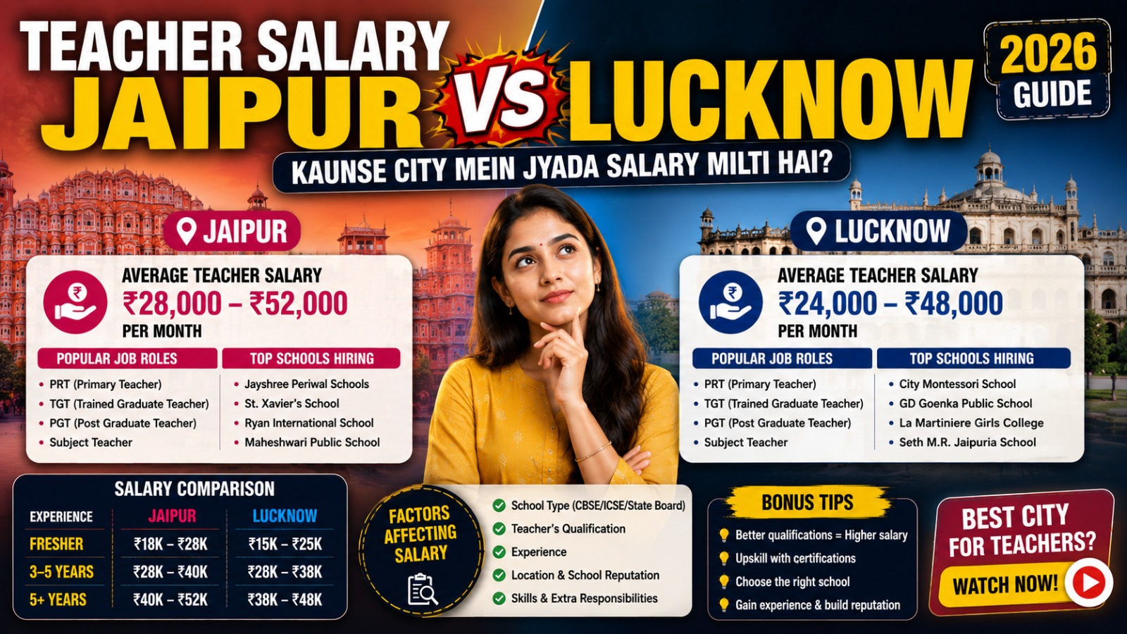 Teacher Salary Jaipur vs Lucknow: Kaunse City Mein jyada Salary Milti Hai? (2026 Guide)